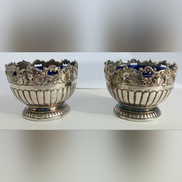 Raimond Silverplate Cobalt Blue Glass Salt Caviar Spice Cellars 1960s Set of Two - Picture 5 of 9